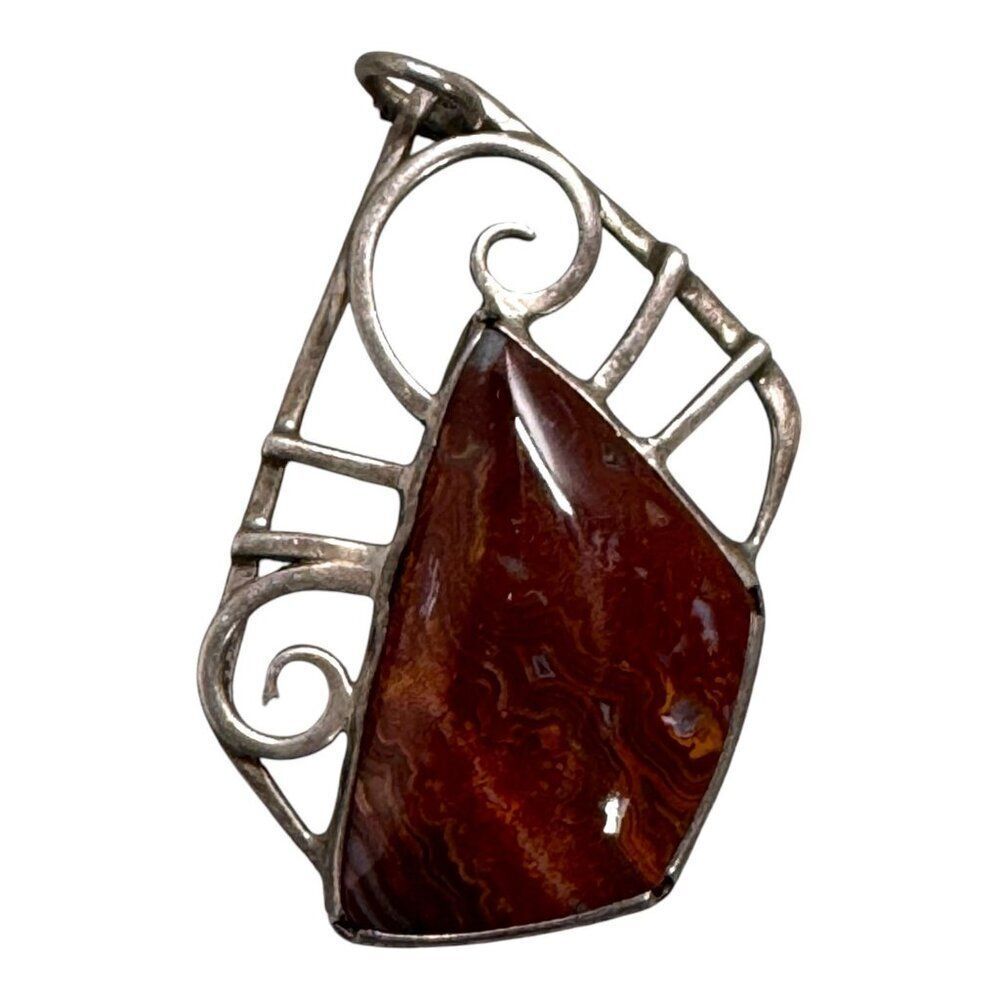 Vintage Silver & Red Jasper Artisan Pendant Art Deco Elegant Design Statement 2" - Picture 1 of 4